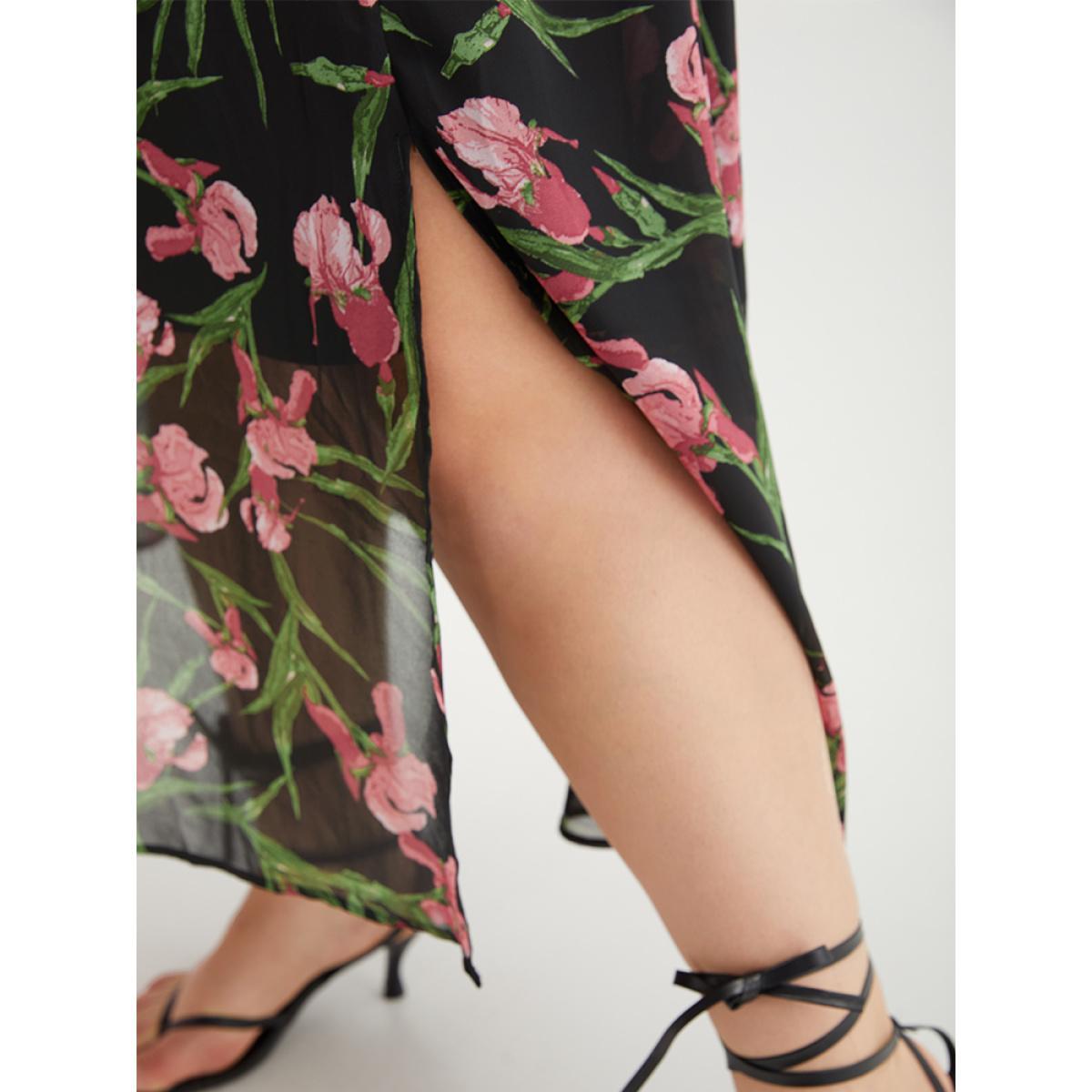 Plus Size Floral Print Chiffon Split Side Elastic Waist Dress Black Women Elegant Printed V-neck Long Sleeve Curvy Midi Dress BloomChic 12/L Product Image
