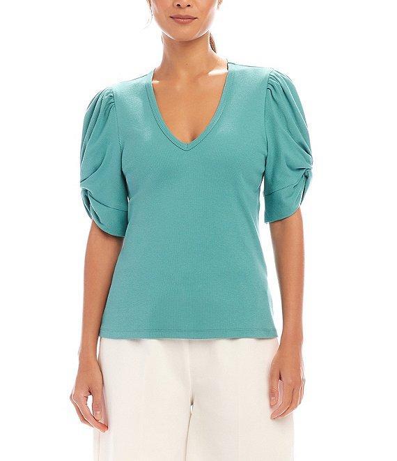 Karen Kane Petite Size Twisted Short Puff Sleeve V-Neck Top Product Image