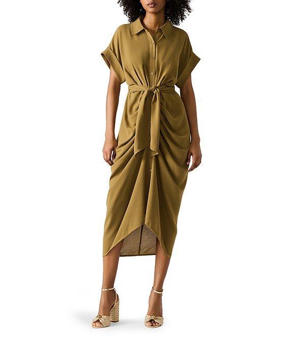 Steve Madden Tori Point Collar Neck Short Sleeve Button Front Midi Dress Product Image