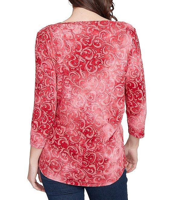 Ruby Rd. Textured Knit Tie-Dye Scroll Floral Boat Neck 3/4 Sleeve Top Product Image