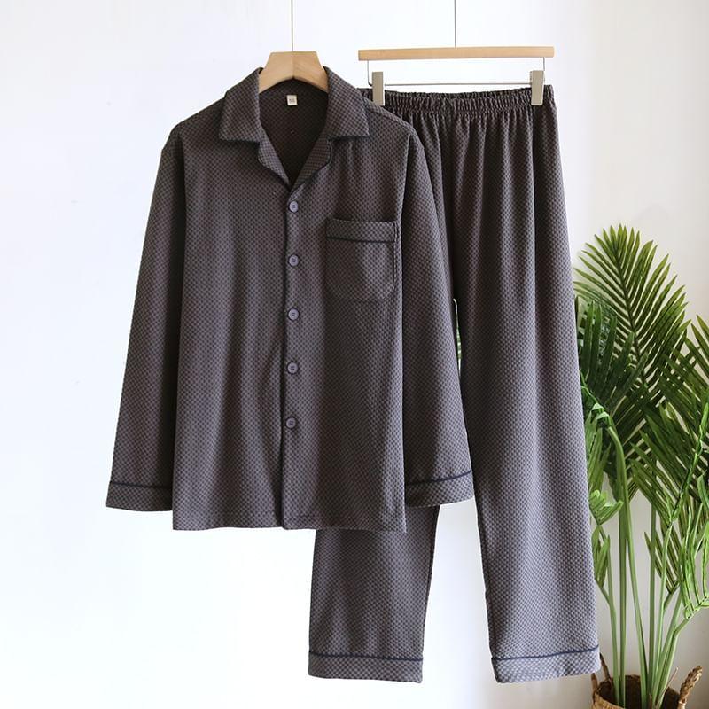 Pajama Set: Long-Sleeve Lapel Collar Checked Button Top + Pants Product Image