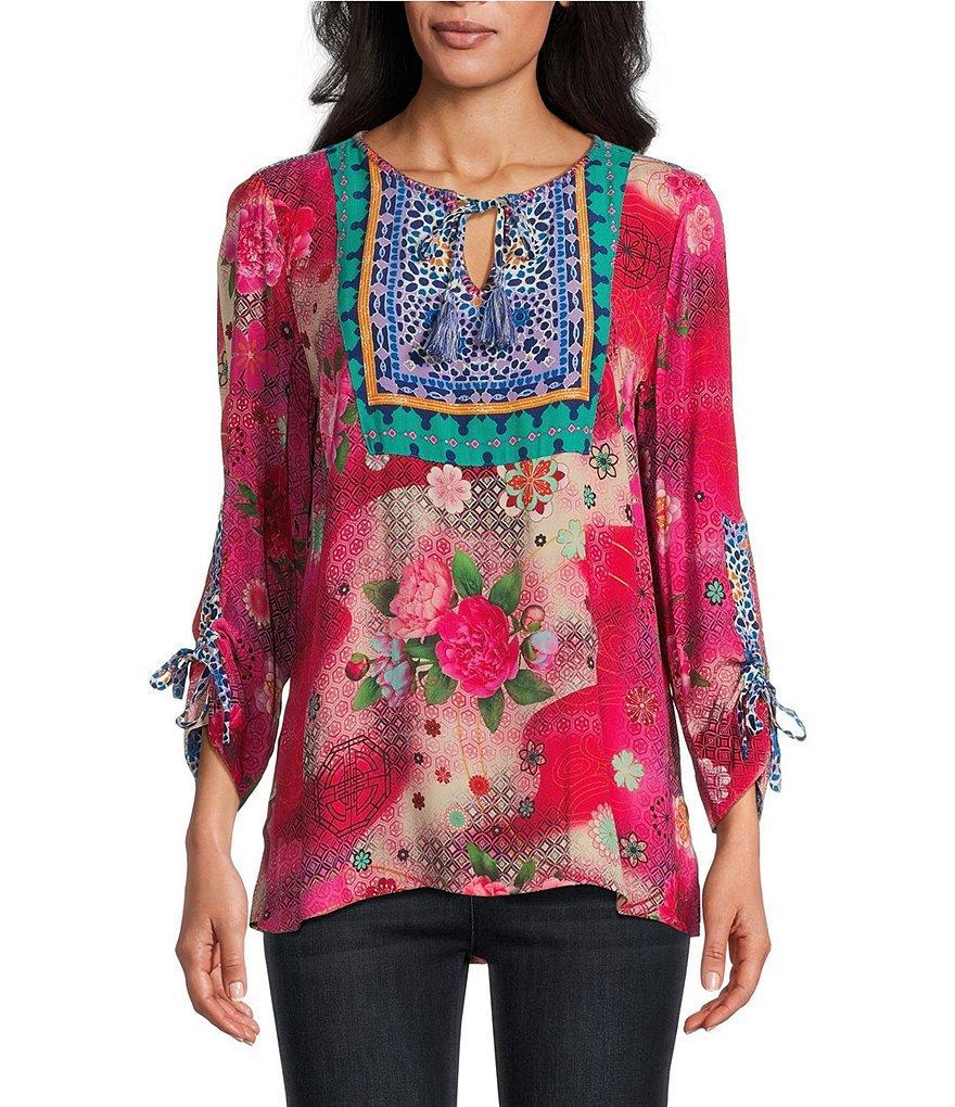 John Mark Woven Printed Split Round Neck 3/4 Sleeve Tassel Tie Tunic Product Image