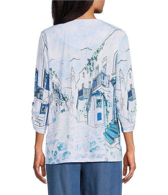 Allison Daley Coastal Retreat Print 3/4 Ruched Sleeve Crew Neck Knit Top Product Image