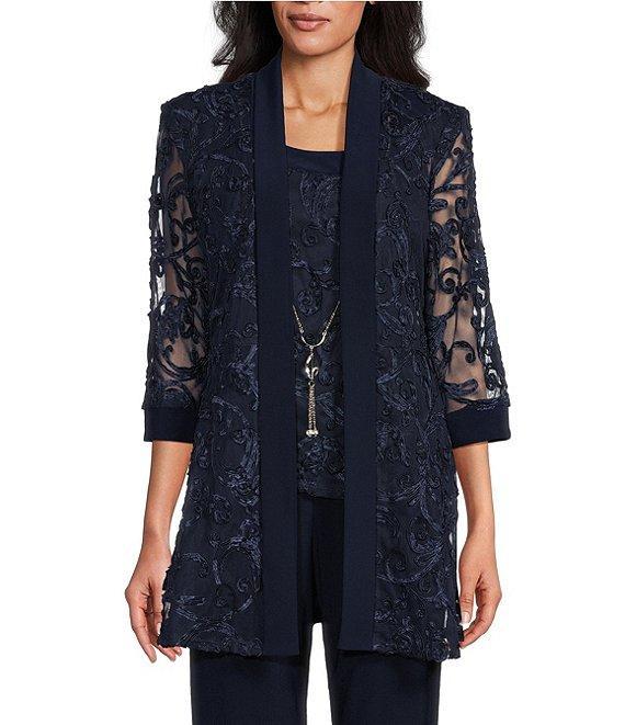 R & M Richards Embroidered Soutache Mesh Lace 3/4 Sleeve Scoop Neck 2-Piece Pant Set Product Image