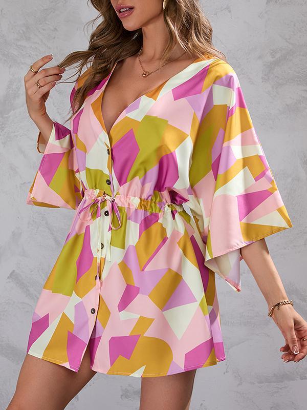 A-Line Half Sleeves Buttoned Drawstring Printed V-Neck Mini Dresses Product Image