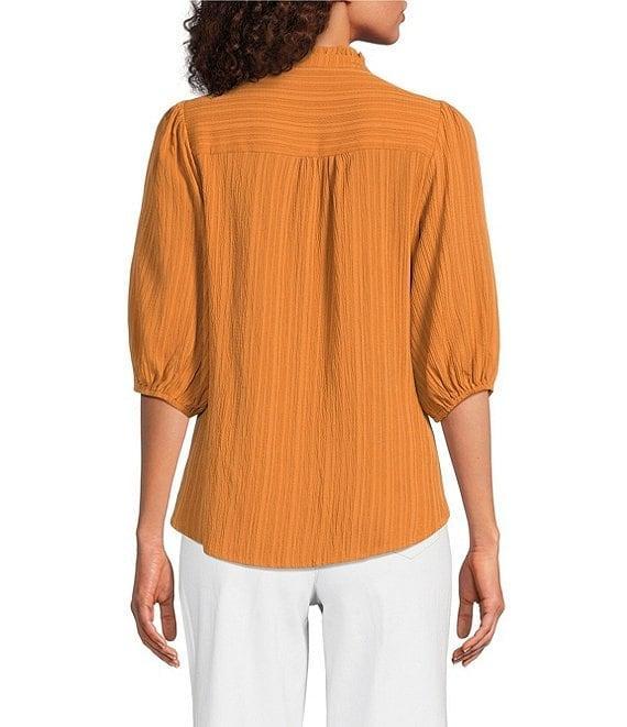 Calessa Petite Size Embroidered Floral Split V-Neck 3/4 Sleeve Button Front Tunic Product Image