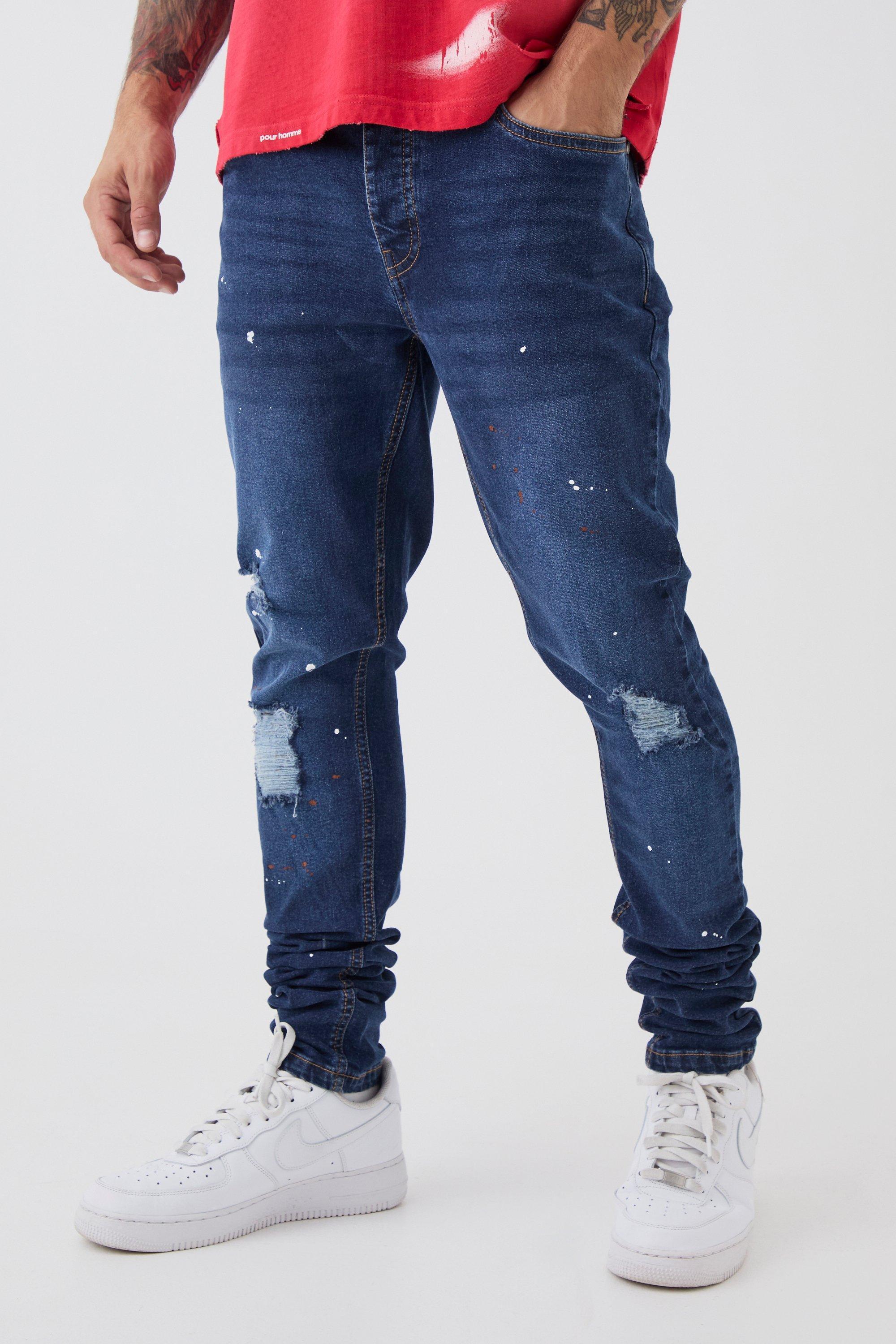 Skinny Stretch Stacked Distressed Paint Splatter Denim Jeans | boohooMAN USA Product Image