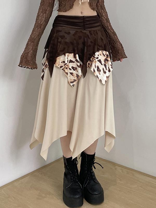 Leopard Print Mesh Patchwork Irregular Maxi Skirt Product Image