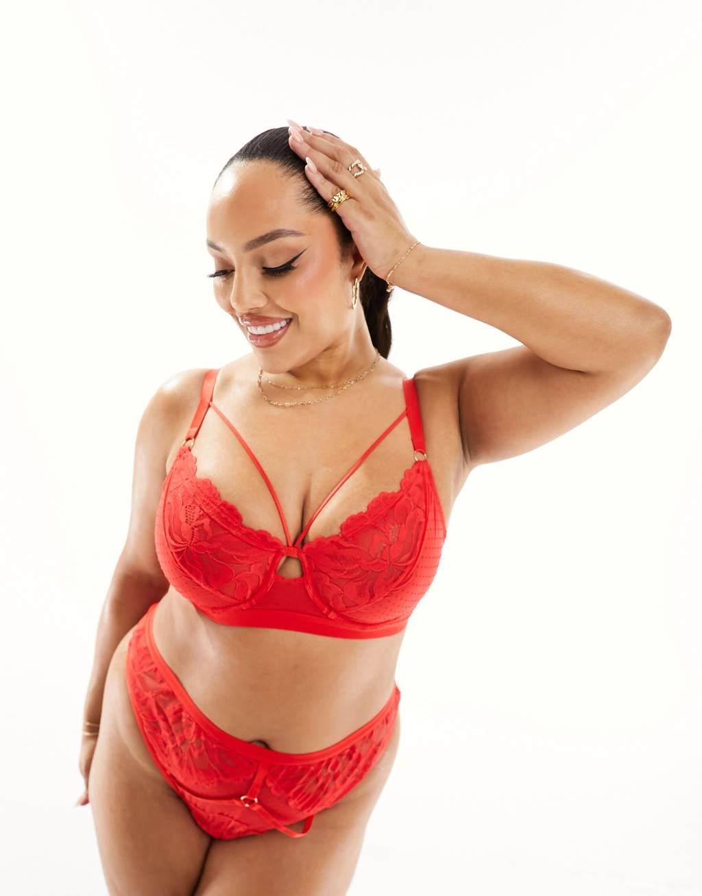 ASOS DESIGN Curve Kaye lace and spot high waisted thong in red Product Image