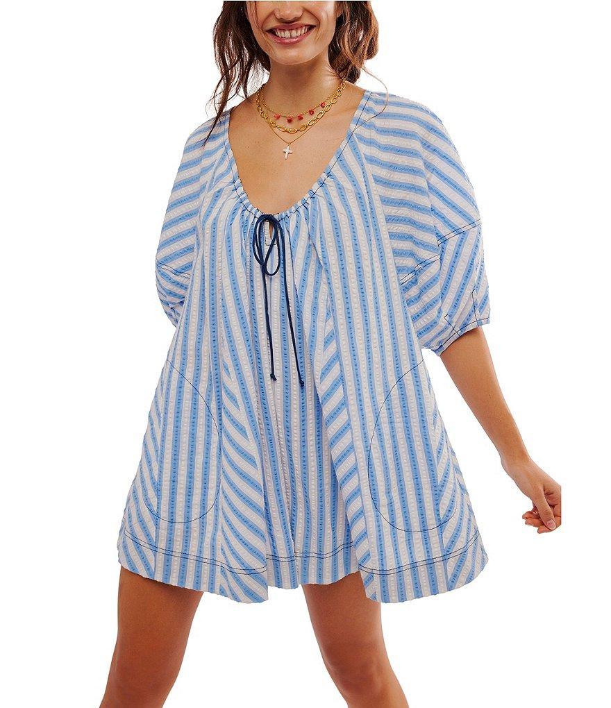 Free People Bop Around Stripe Print Scoop Neckline 3/4 Sleeve Romper Product Image