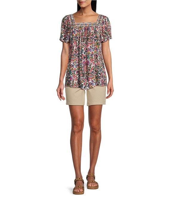 Intro Crinkle Gauze Floral Embroidered Printed Square Neck Short Flutter Sleeve Top Product Image