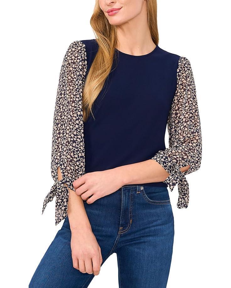 Elbow Puff Sleeve Henley Mixed Media Tee Product Image