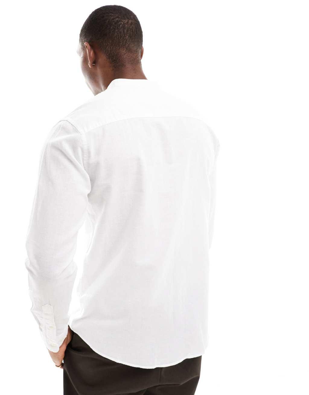 Jack & Jones linen mix shirt with band neck in white Product Image