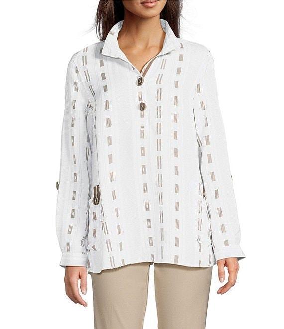 Ali Miles Stripe Dotted Geometric Linen Blend Wire Collar 3/4 Roll-Tab Sleeve Tunic Product Image