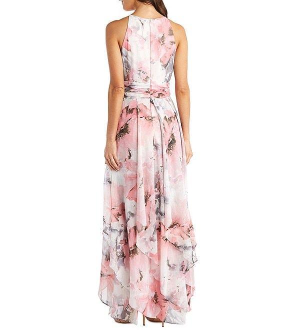 R & M Richards Halter Keyhole Neck Sleeveless Ruched Waist Floral Print Chiffon Gown Product Image