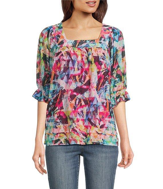Calessa Mesh Knit Abstract Floral Square Neck Elbow Sleeve Tunic Product Image