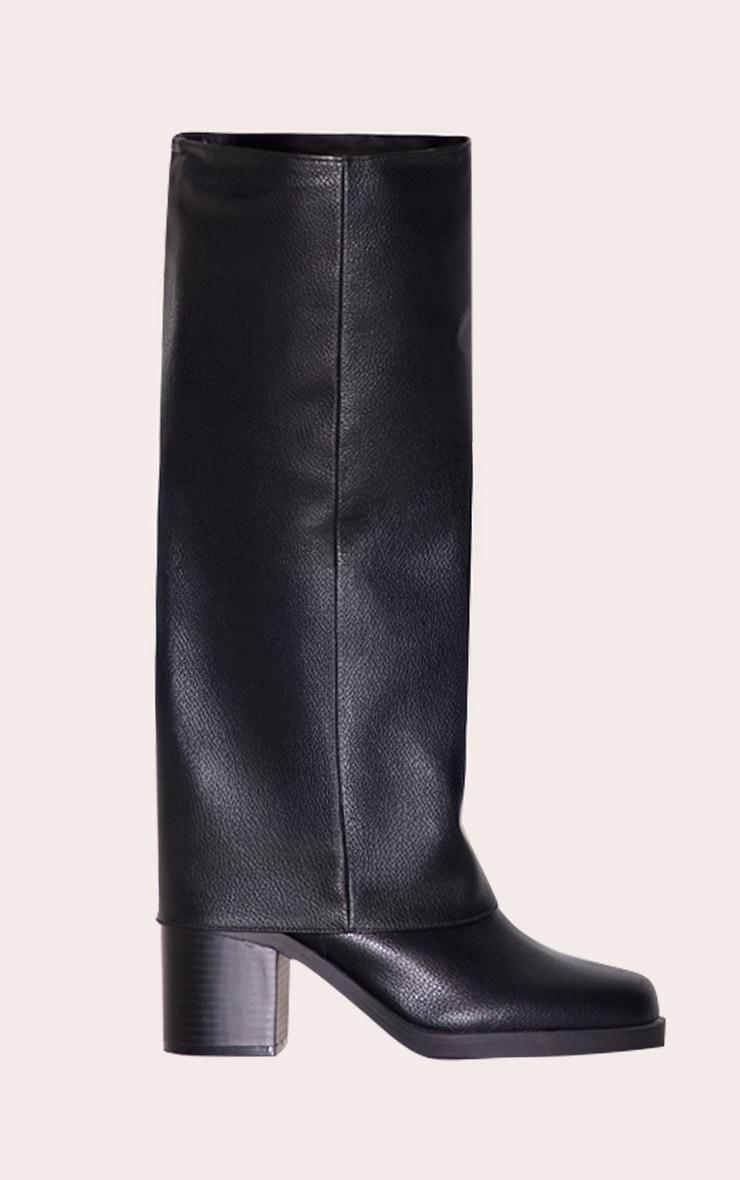 Black Pu Round Toe Fold Over Low Block Heel Boots Product Image