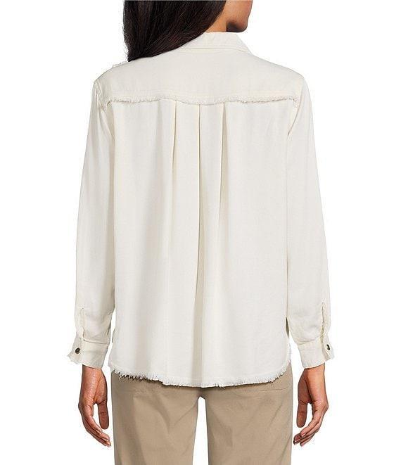 Multiples Petite Size Lyocell Twill Point Collar Long Roll-Tab Sleeve Button-Front Fringed Shirt Product Image