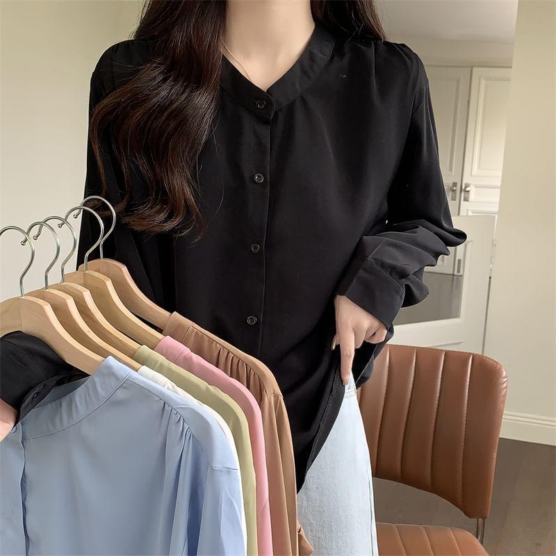 Long Sleeve Band Collar Plain Shirt Product Image