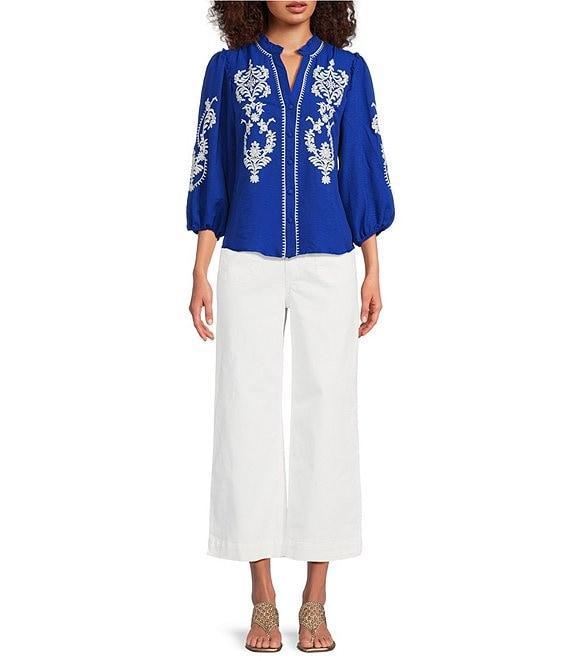 Calessa Petite Size Embroidered Motif Split V-Neck 3/4 Sleeve Button Front Tunic Product Image
