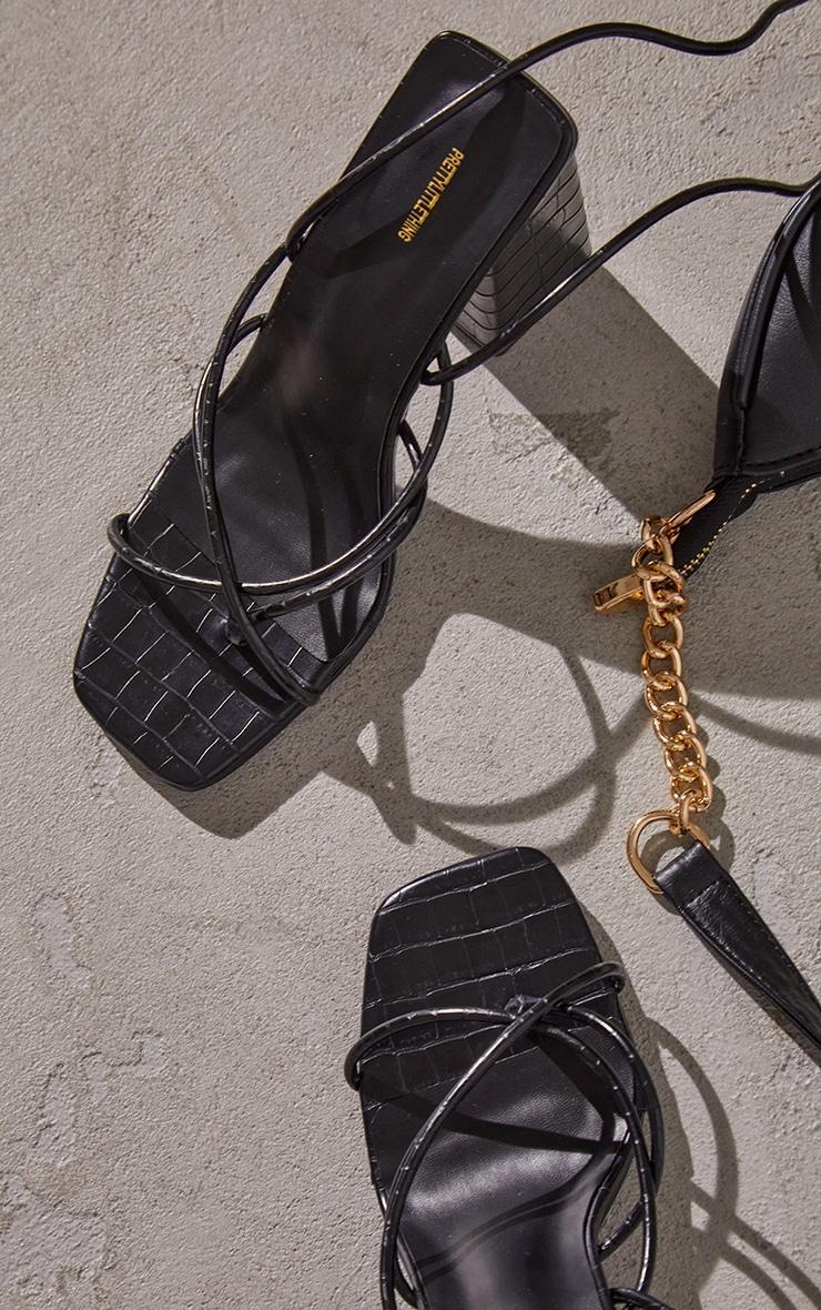 Black Croc PU Toe Loop Lace Up Chunky Block Heeled Sandals Product Image