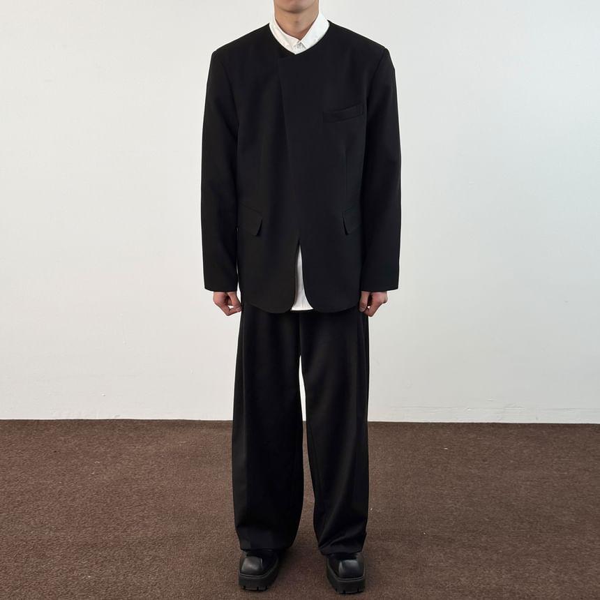 Set: Crew Neck Plain Slit Blazer + Mid Rise Wide Leg Dress Pants Product Image