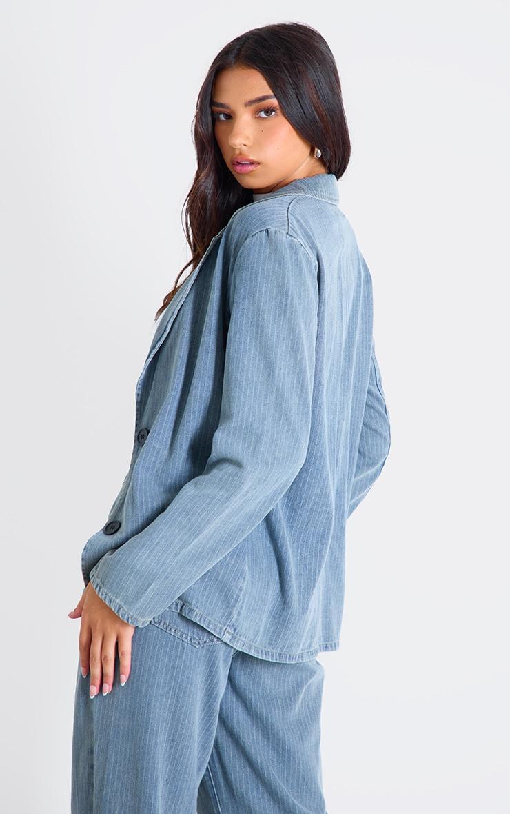 Washed Blue Pinstripe Lightweight Denim Oversized Blazer Product Image