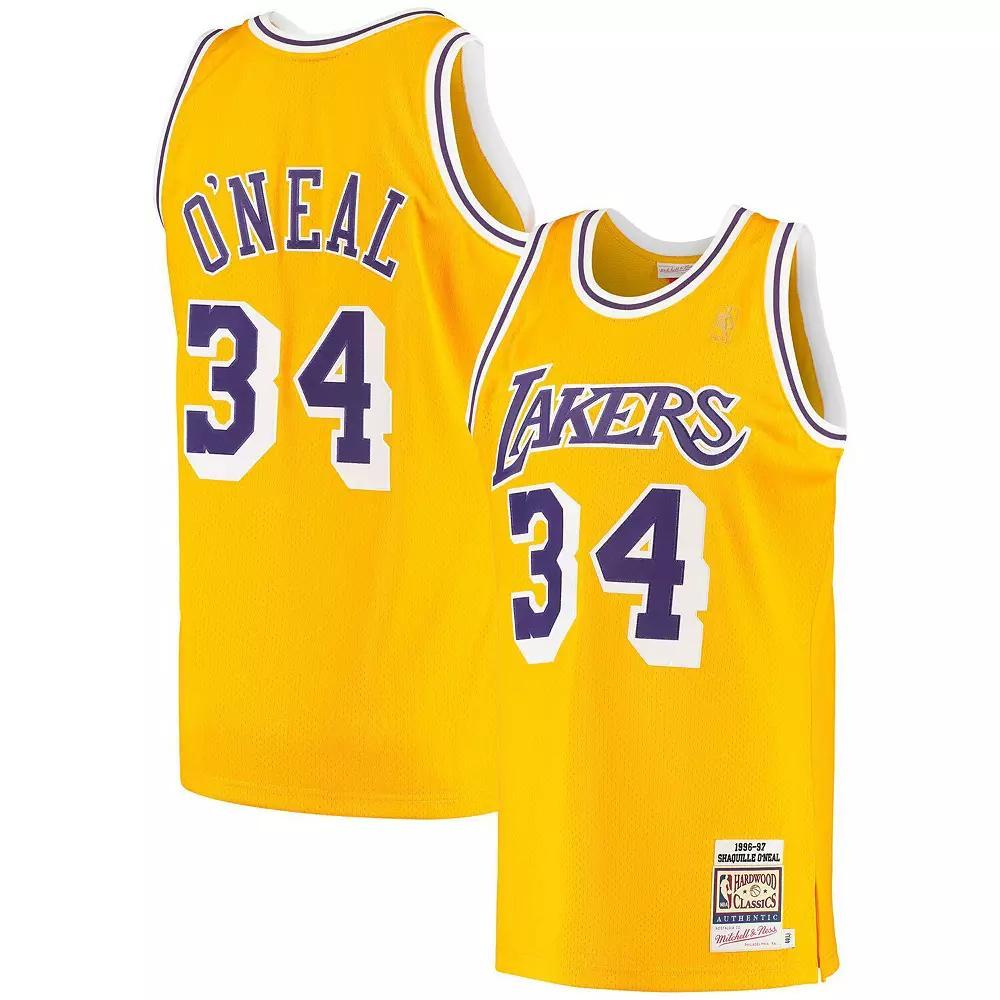 Men's Mitchell & Ness Shaquille O'Neal Gold Los Angeles Lakers 1996/97 Hardwood Classics Authentic Jersey, Size: 36 Product Image