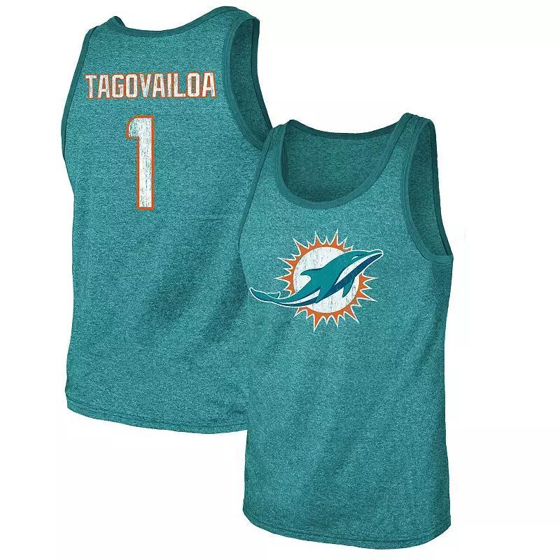 Men's Majestic Threads Tua Tagovailoa Aqua Miami Dolphins Name & Number Tri-Blend Tank Top, Size: 2XL, Turquoise A Product Image