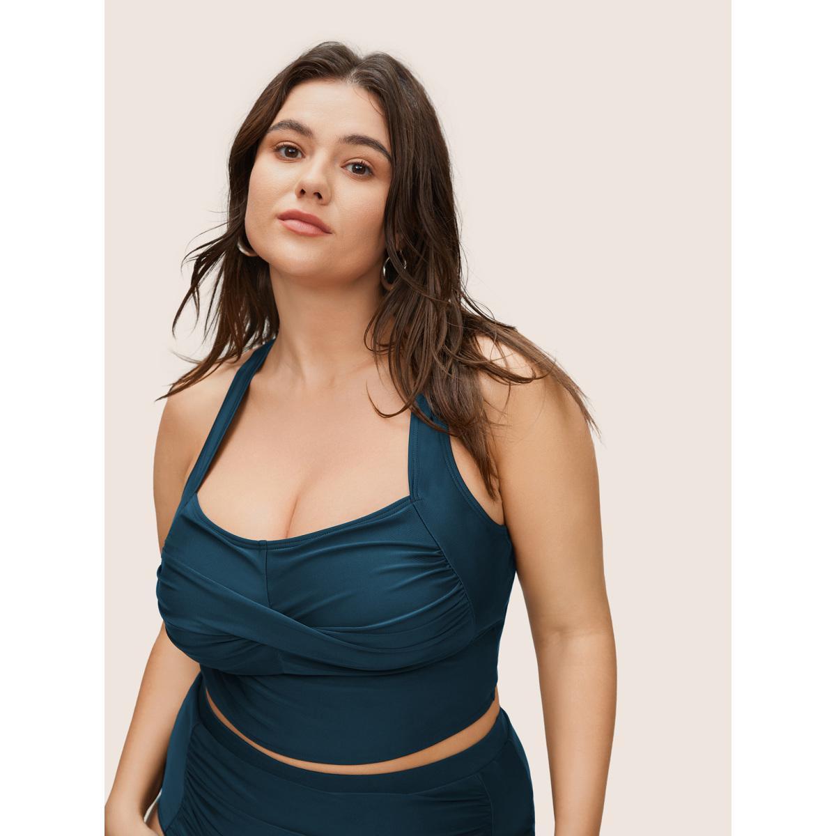 Plus Size Solid Crossover Square Neck Adjustable Straps Swim Top Women's Swimwear ArmyGreen Resort Twist High stretch Skinny Square Neck Curve Swim Tops BloomChic 10/M Product Image