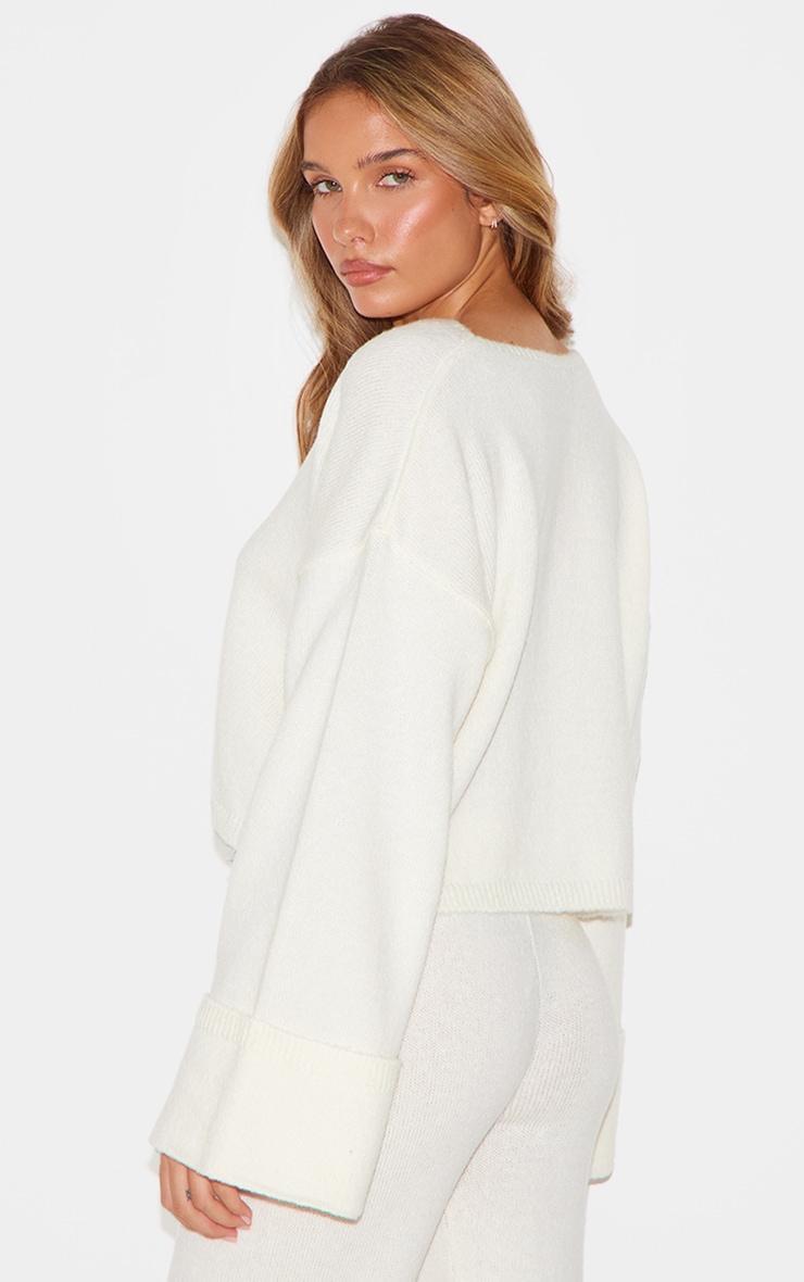 Cream Turn Up Sleeve Knit Cardigan Product Image