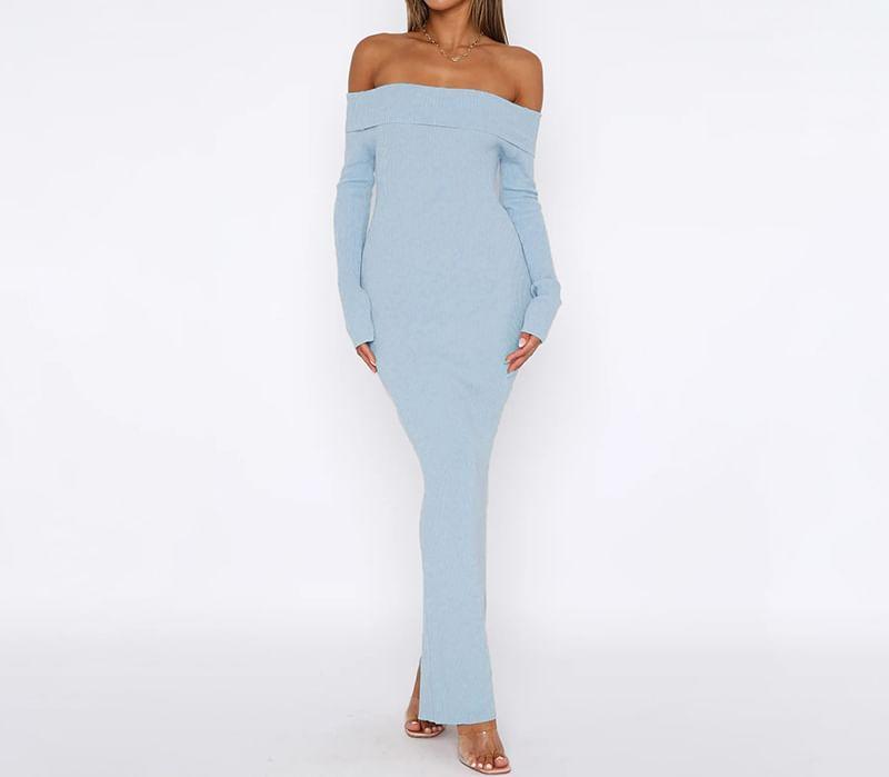 Off Shoulder Long Sleeve Plain Bodycon Maxi Dress Product Image