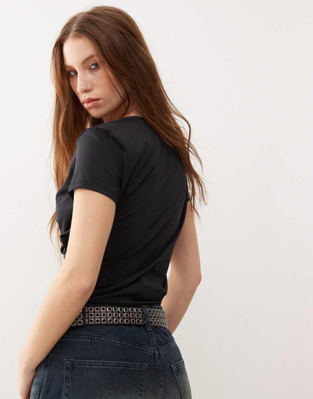 COLLUSION cowling drape detail slinky cap sleeve top in black Product Image