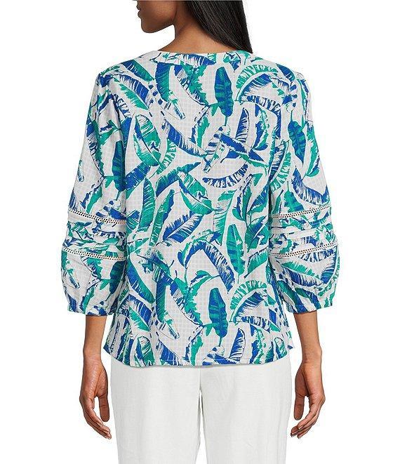 Investments Woven Feather Print 3/4 Sleeve Y-Neck Button Front Top Product Image