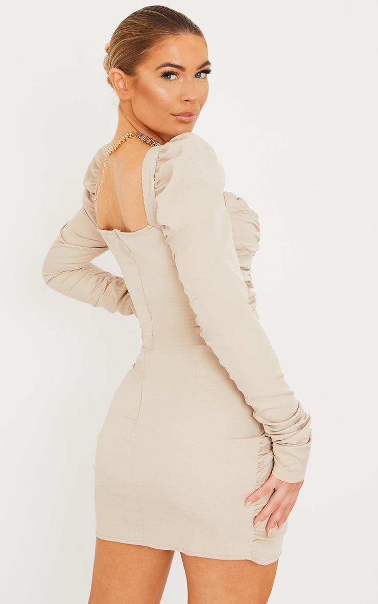 Stone Woven Ruched Detail Long Sleeve Bodycon Dress Product Image