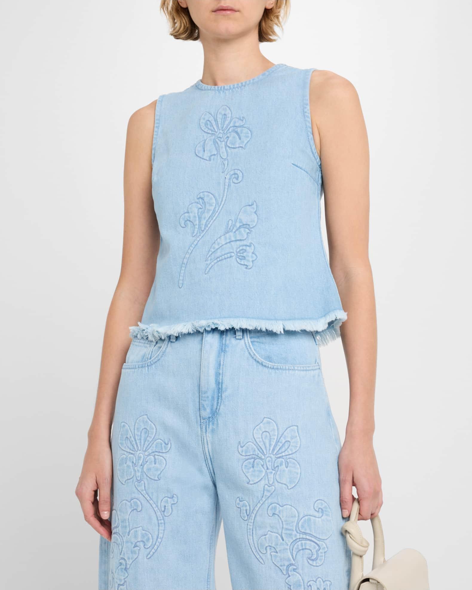 Floral-Embroidered Denim Top Product Image