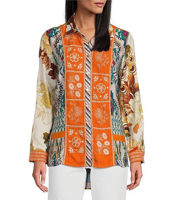 John Mark Point Collar Button Front Long Roll-Tab Sleeve Embroidered Panel Multi Print Tunic Product Image