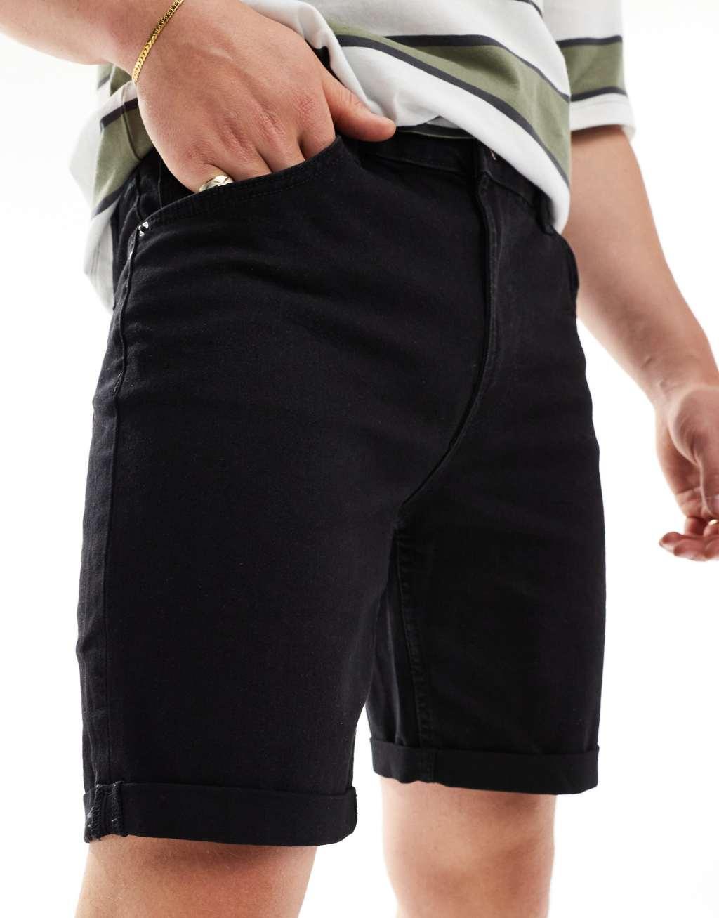 Bershka roll up denim short in black Product Image