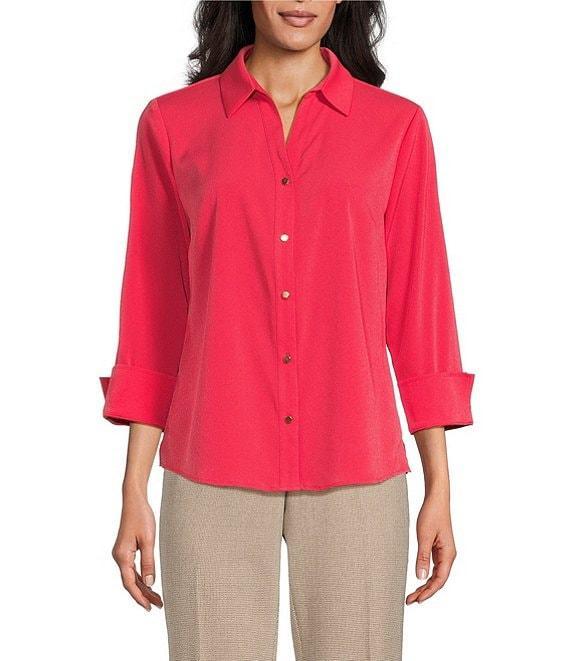 Investments Woven 3/4 Sleeve Point Collar Button Front Split Cuff Top Product Image