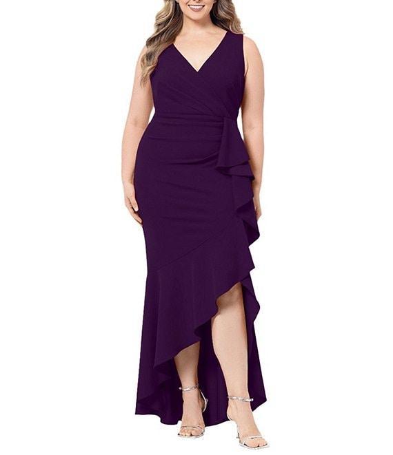 Betsy & Adam Plus Size Sleeveless V-Neck Cascade Ruffle Scuba Crepe Gown Product Image