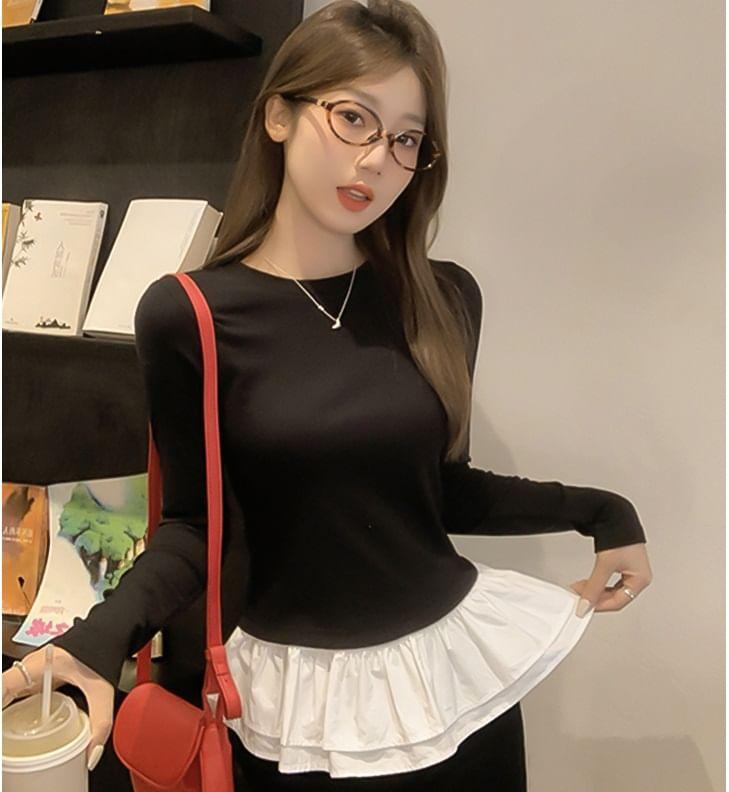 Mock Two-Piece Long-Sleeve Crew Neck Two Tone Slim Fit Tee Product Image