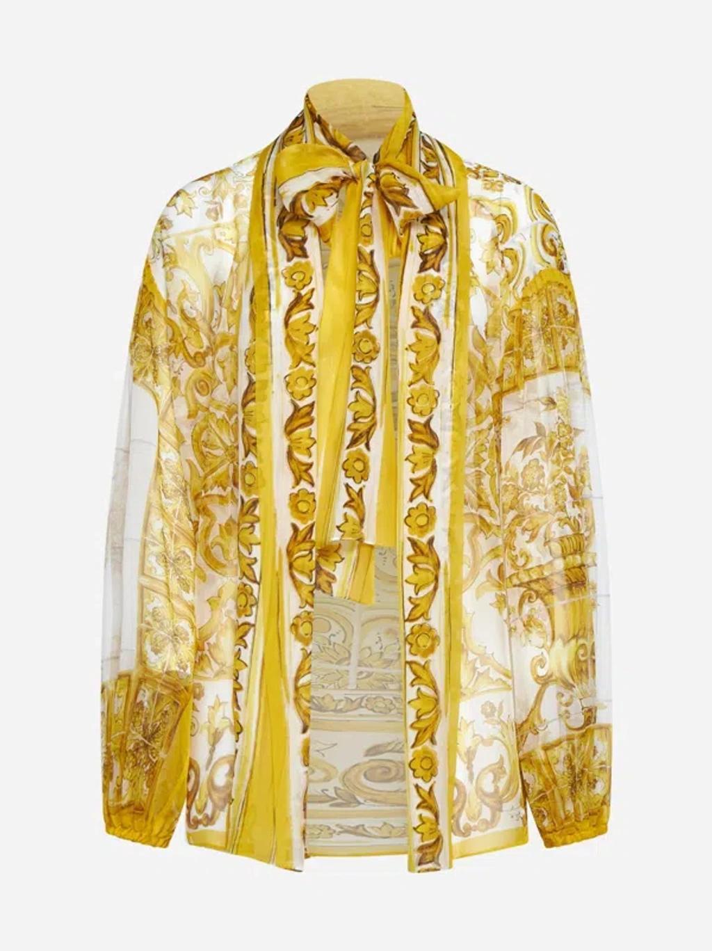 DOLCE & GABBANA Majolica-print Silk Blouse In Yellow Product Image