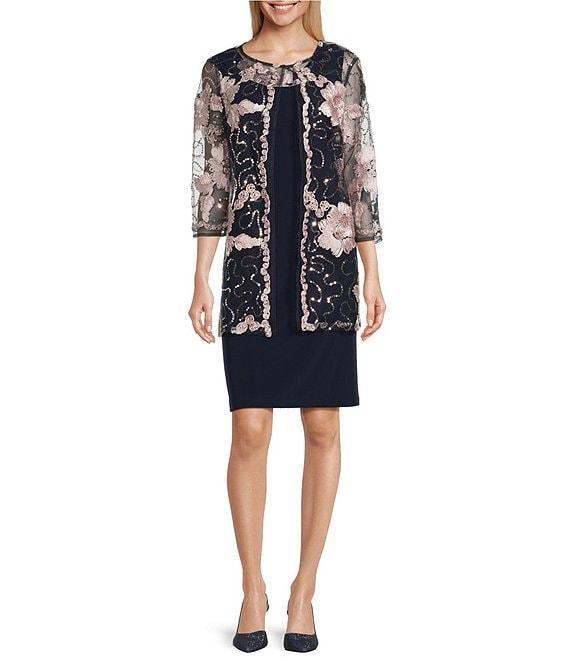 R & M Richards Petite Size Embroidered Soutache Sequin 3/4 Sleeve Jacket Dress Product Image