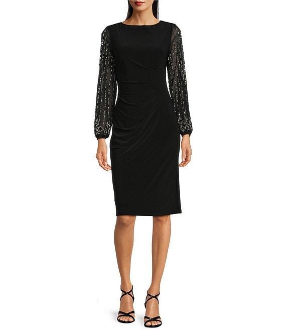 Marina Round Neck Beaded Lace Long Sleeve Side Drape Sheath Dress Product Image