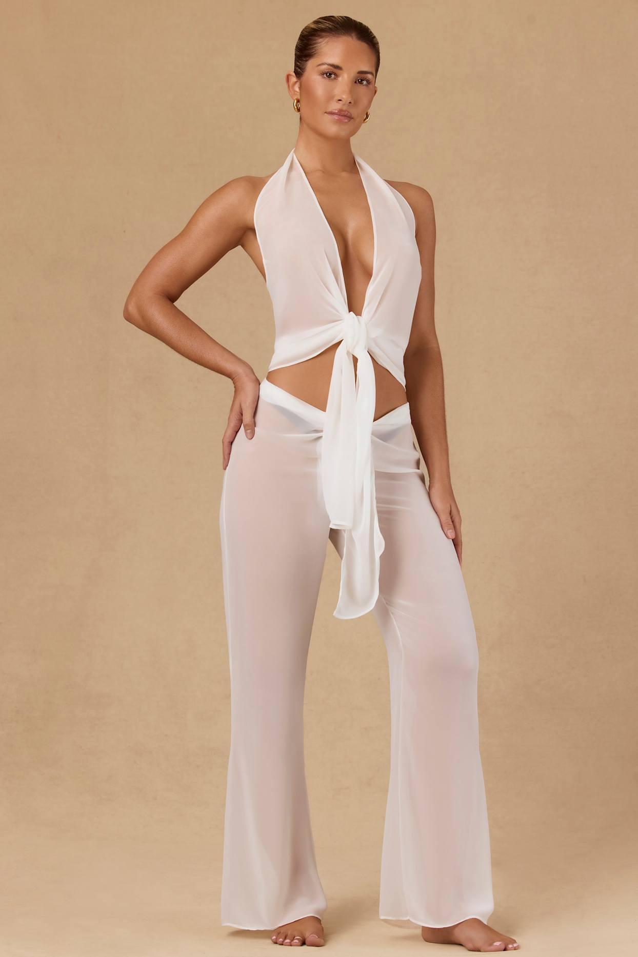 Tie-Front Wide-Leg Trousers in White Product Image