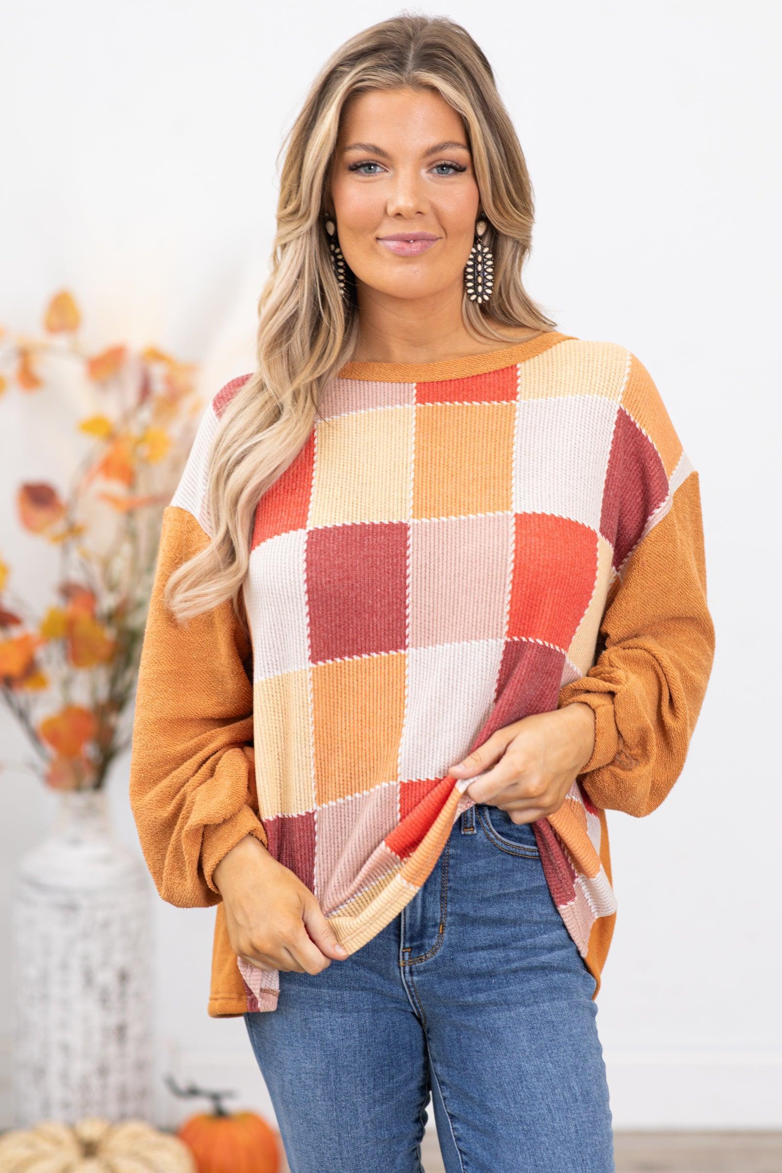 Orange and Wine Checkerboard Print Top Product Image