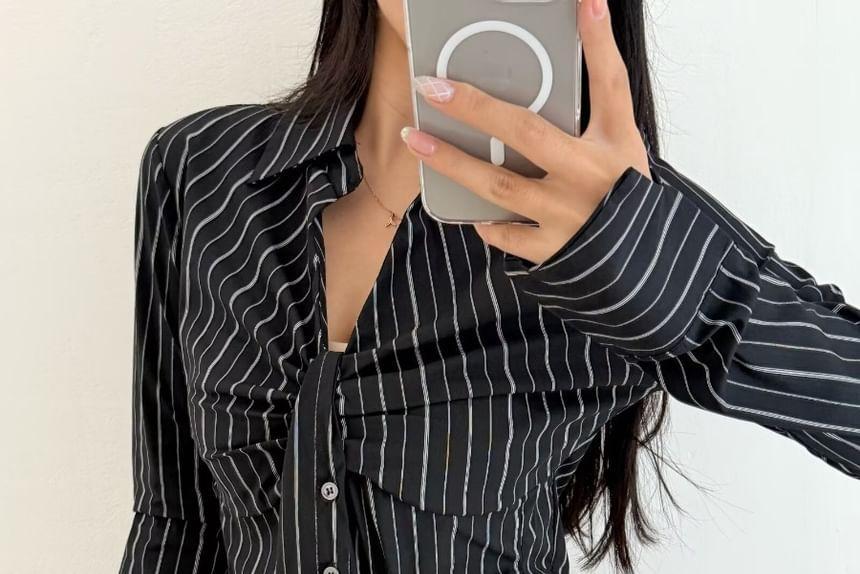 Collared Striped Ruched Button Up Shirt Product Image