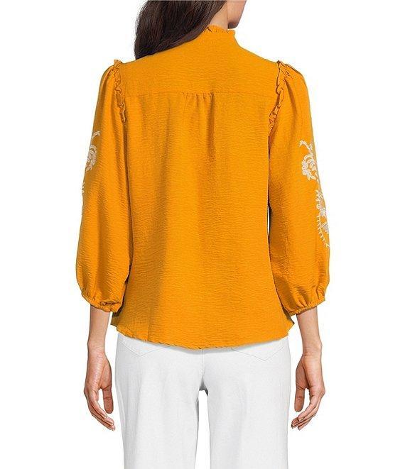 Calessa Embroidered Placement Print Ruffle Split V-Neck 3/4 Sleeve Button-Front Tunic Product Image