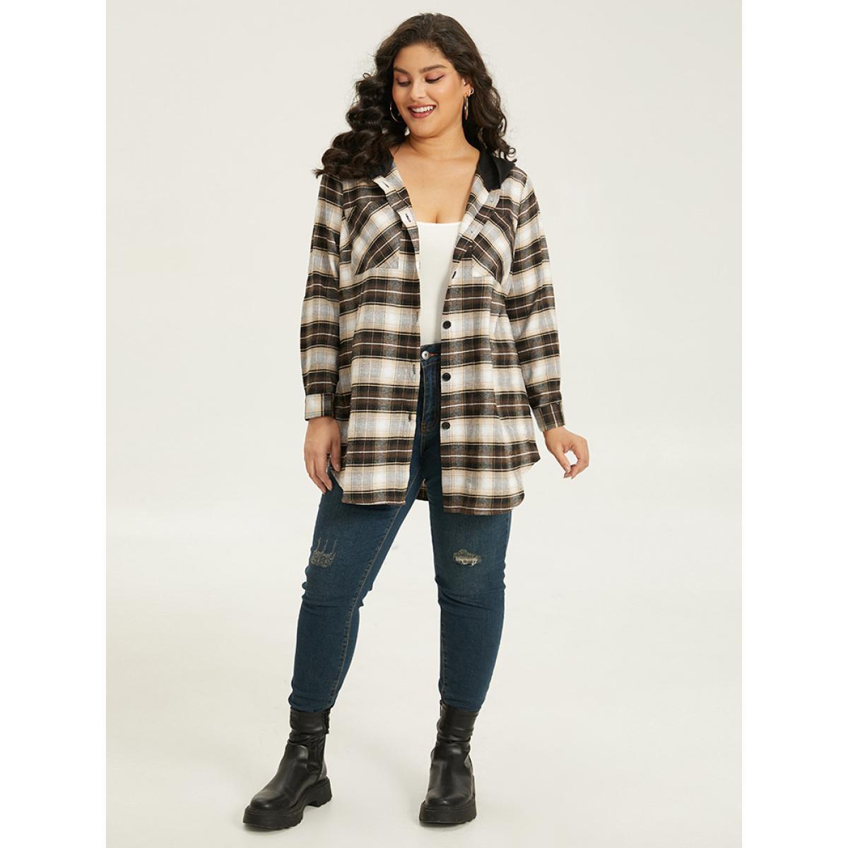 Plus Size Plaid Button Up Hooded Patchwork Shacket Women DarkBrown Contrast Pocket Everyday Jackets BloomChic 14-16/1X Product Image