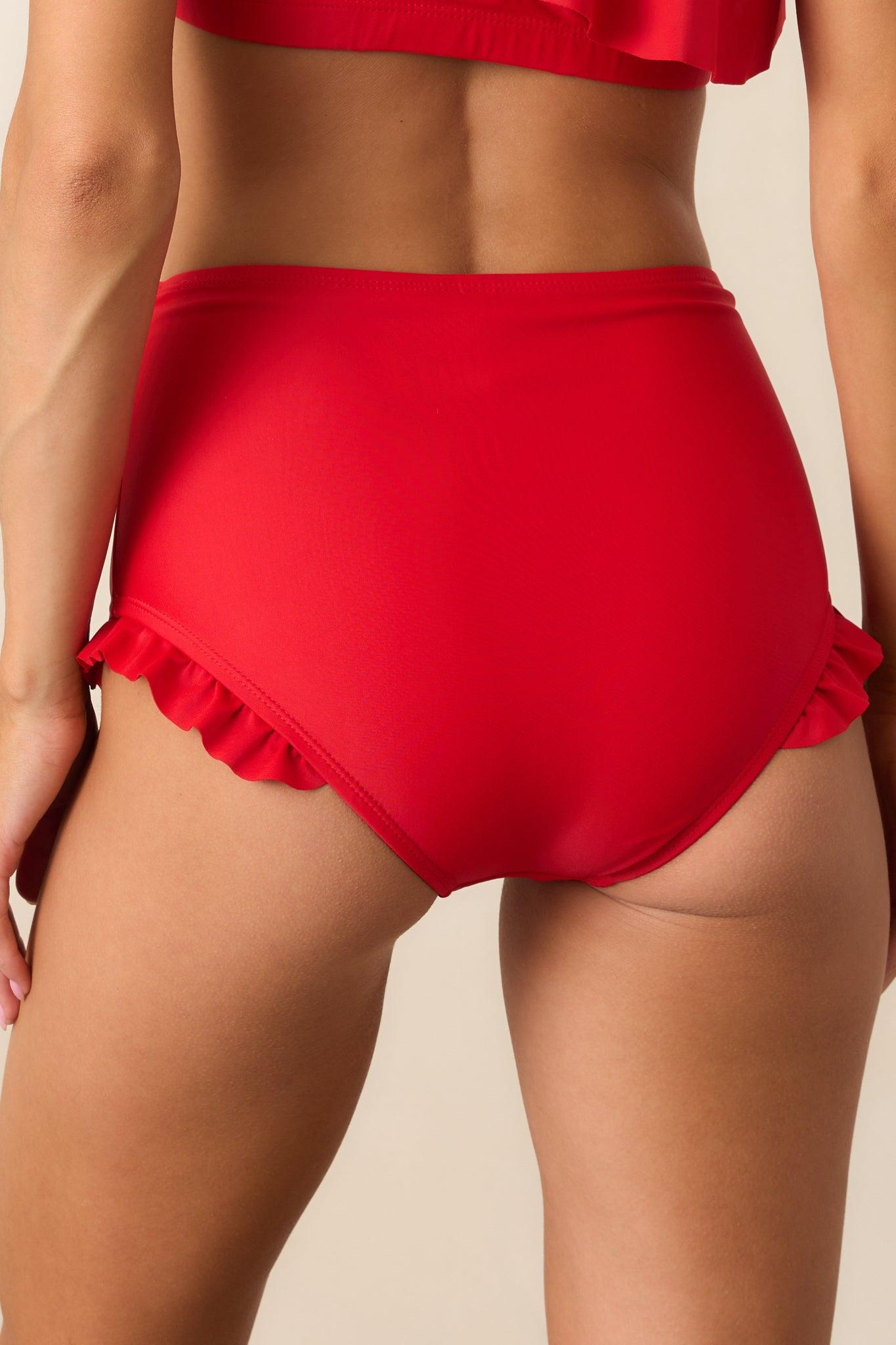Under The Sun Red High-Waisted Ruffle Trim Bikini Bottoms Product Image